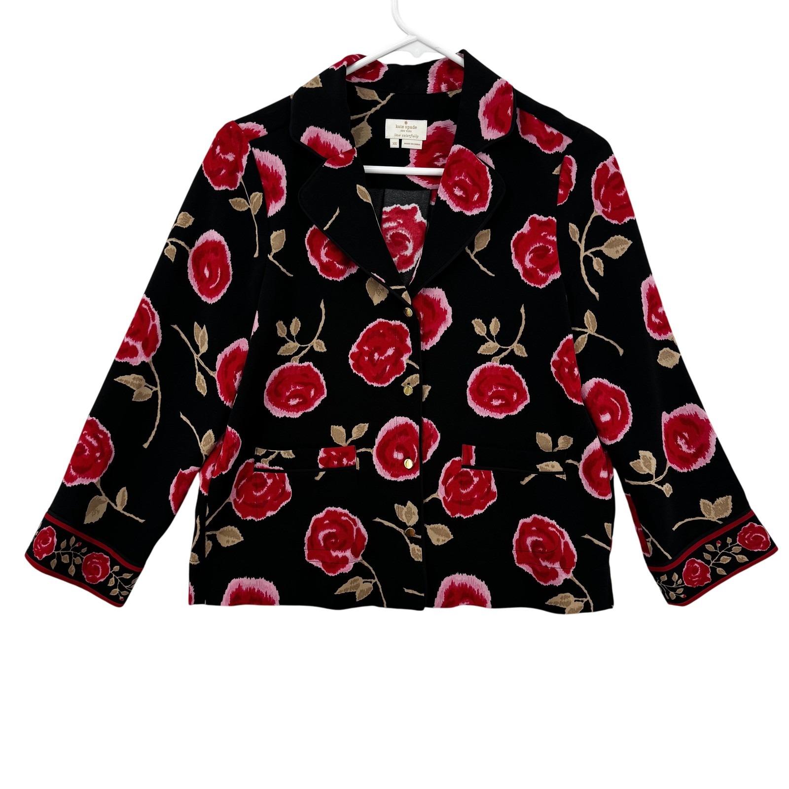 Kate Spade Jacket Womens Xs Black Red Floral Rose Gold Button Blazer Dressy